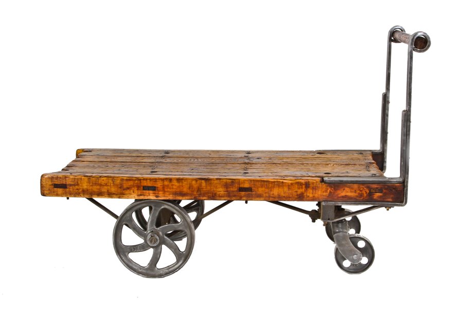 c. 1890's american antique industrial refinished burhop factory floor cart  or truck with oversized cast iron wheels
