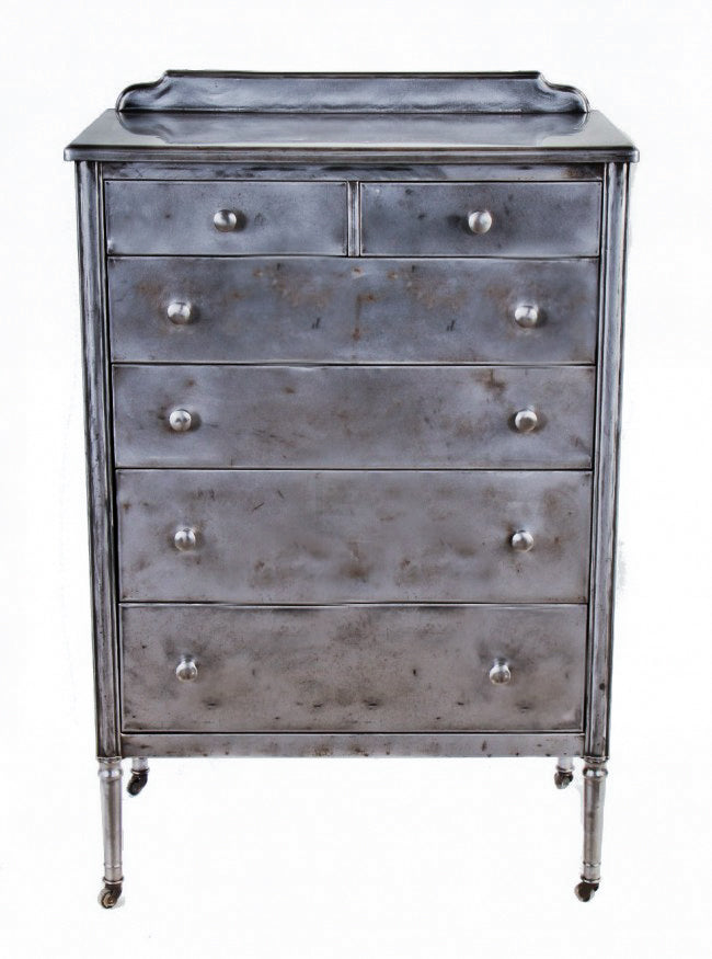 simmons metal highboy dresser single c. 1930's antique american industrial depression era patented  witike-designed simmons highboy pressed and folded steel refinished dresser