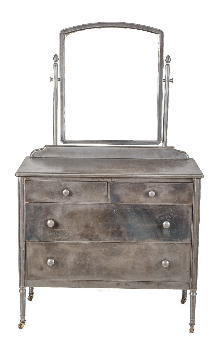 original vintage american industrial brushed and sanded metal simmons  dresser with tilting mirror