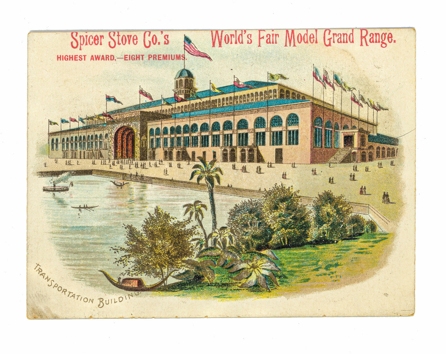 rare 1893 victorian trade card of adler and sullivan's polychromatic  transportation building