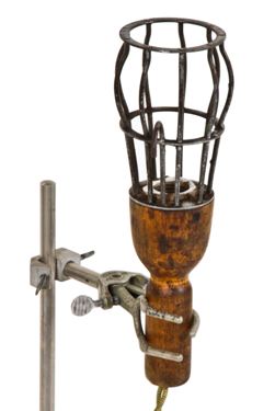 very unique repurposed vintage industrial "trouble light" table lamp with fisher laboratory retort stand