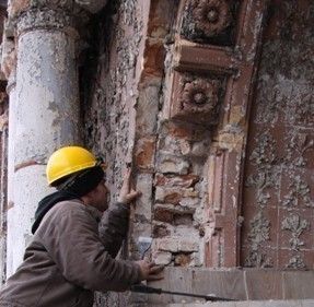 john m. van osdel ii-designed original red slip terra cotta ywca building facade exterior keystone