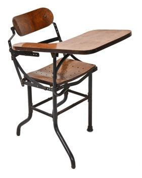 original late 1930's unusual antique amrican industrial institutional varnished birch wood desk with armrest and perforated seat