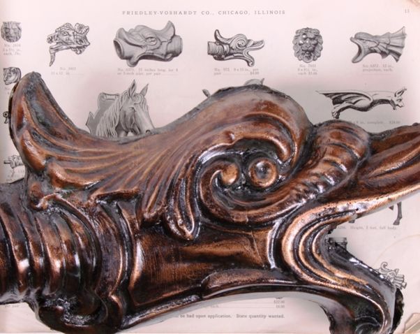 exceptional 19th or early 20th century stamped or pressed copper figural salvaged chicago friedley-voshardt gutter spout