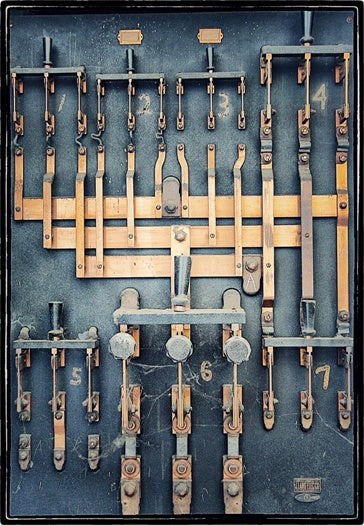 c. 1914 diminutive original chas. a brewer factory singe-sided surface mount switchboard black enameled copper manufacturer plaque with opposed screw holes