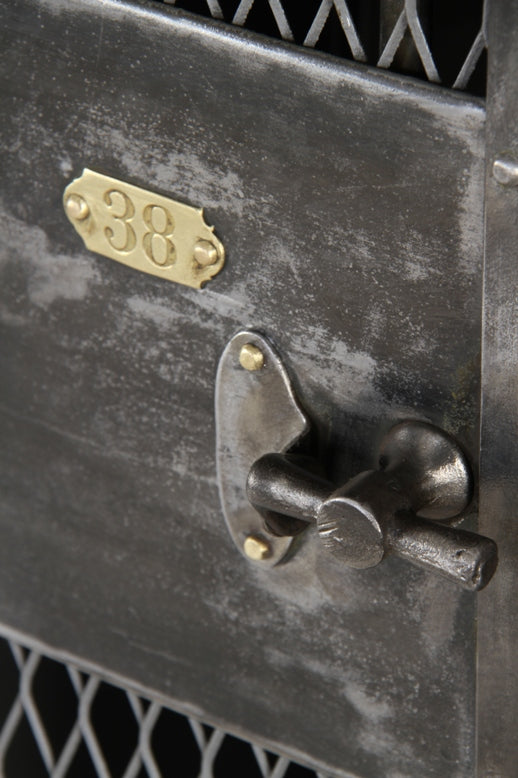 refinished early 20th century american antique industrial federal "expanded metal type" freestanding locker with angled top