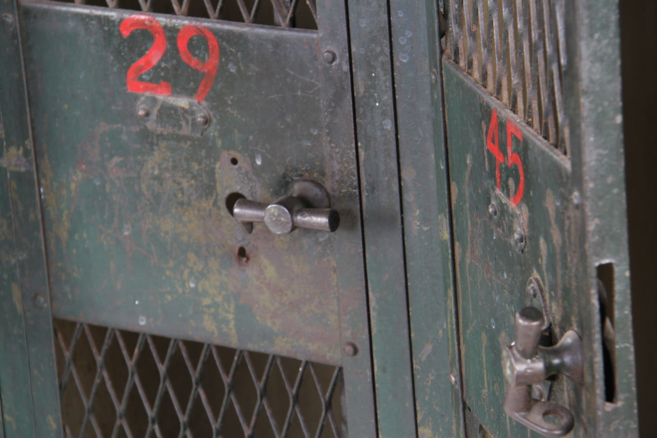 c. early 20th century american industrial federal "expanded metal" or diamond mesh four-unit factory locker with old green paint finish
