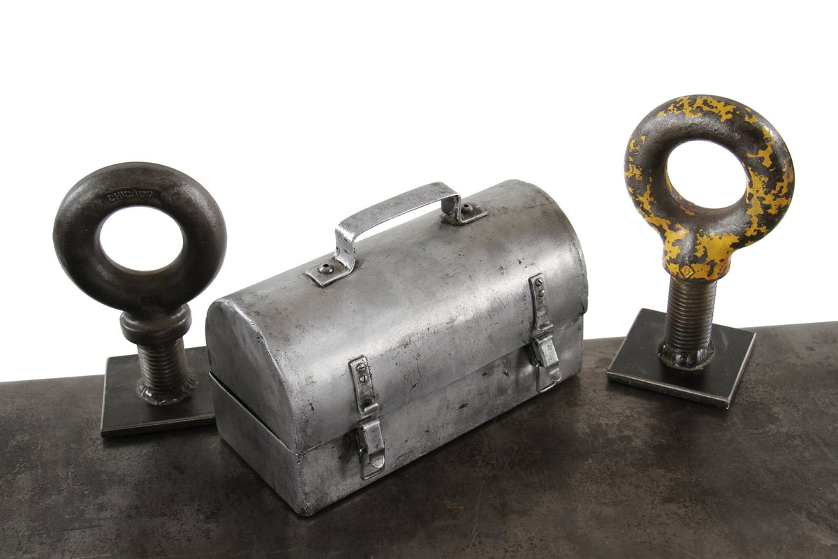 lightweight c. 1940's american vintage industrial pressed and folded aluminum factory lunchbox or pail with stationary handle and opposed clasps