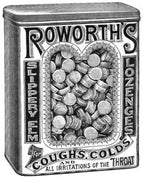 all original exceptionally well-designed and nearly pristine bright yellow lithographed tin "slippery elm" lozenges apothecary or drugstore storage container