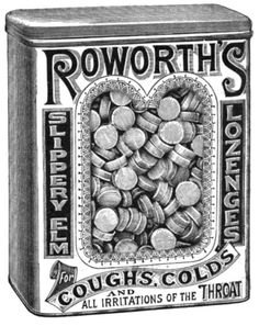 all original exceptionally well-designed and nearly pristine bright yellow lithographed tin "slippery elm" lozenges apothecary or drugstore storage container