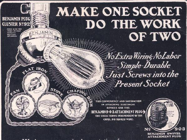 original patented early 20th century american vintage industrial yellow brass and ceramic four plug socket cluster adapter