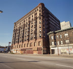 clinton j. warren-designed red slip glazed lexington hotel exterior loggia cartouche with lightly incised face
