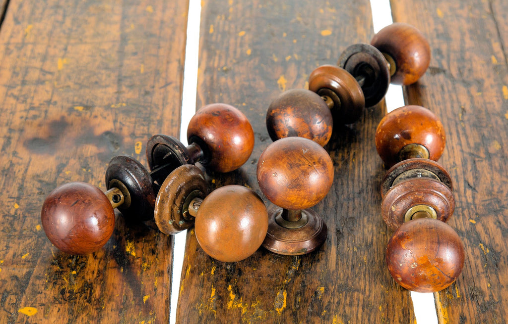 hard to find original 19th century antique american salvaged chicago oversized round hardwood doorknobs with matching rosettes