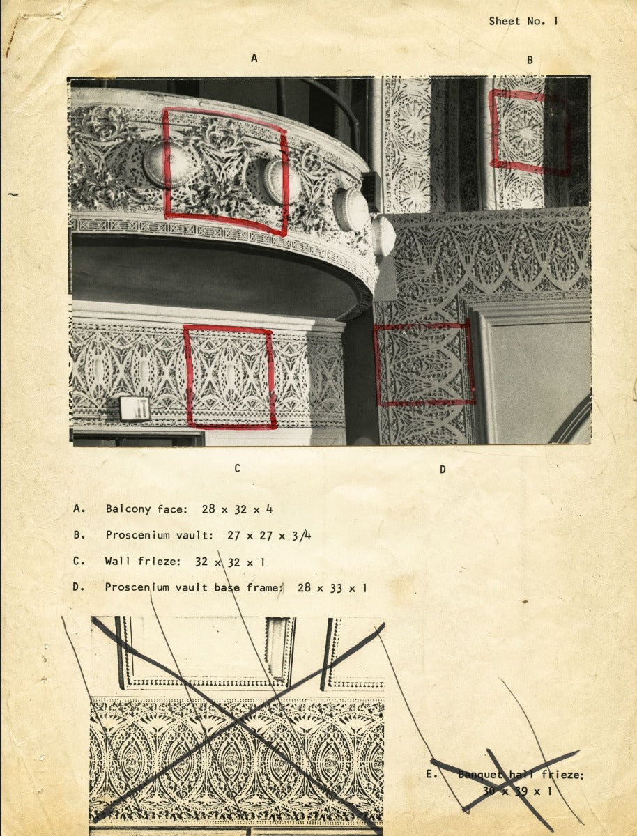 rare museum-quality 1961 world book encyclopedia custom shadowbox-framed schiller building theater plaster starpod with placard, plaque, and richard nickel images