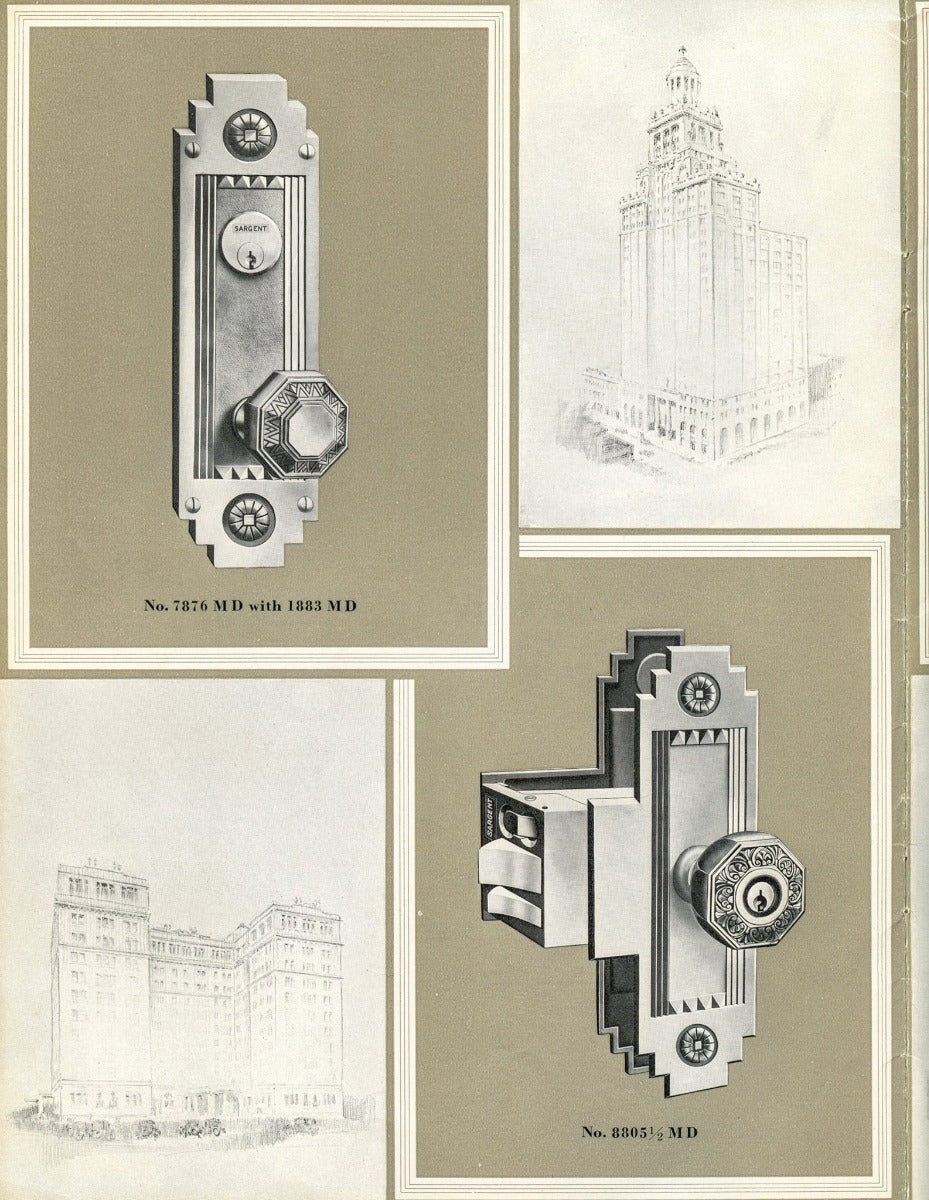 matching set of holabird and root-designed oranamental cast bronze art deco palmolive building office door backplates