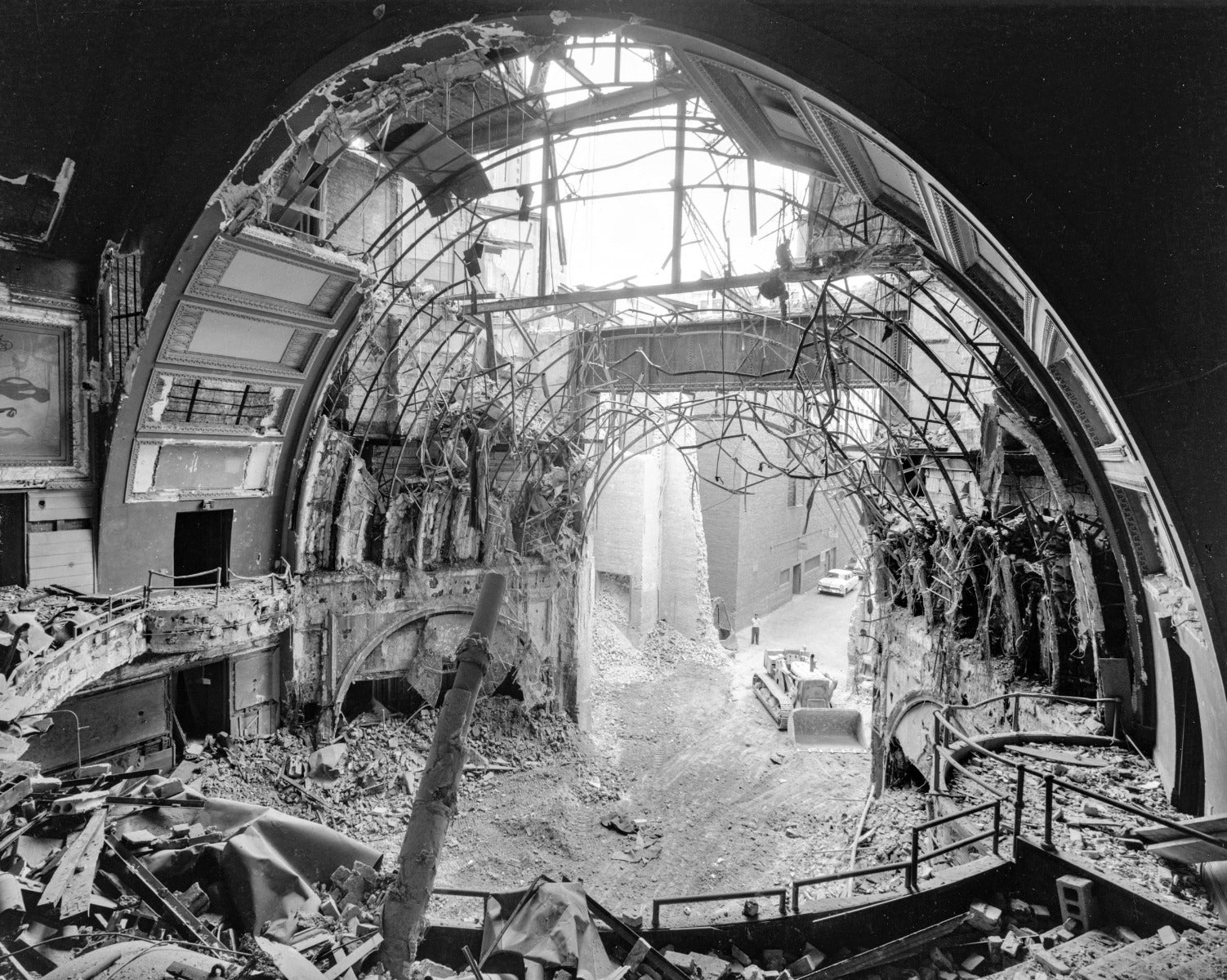 rare museum-quality 1961 world book encyclopedia custom shadowbox-framed schiller building theater plaster starpod with placard, plaque, and richard nickel images