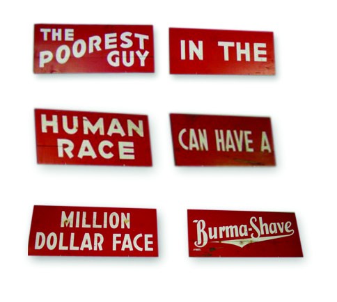 original c. 1950's classic roadside americana burma-shave "human race" painted double-sided wood advertising sign