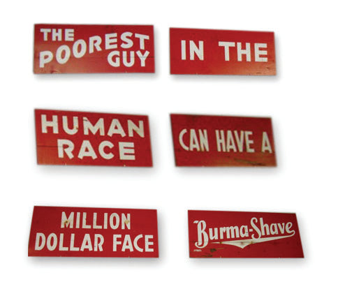 authentic c. 1950's roadside americana burma-shave "million dollar face" brightly colored painted wood roadside advertising sign