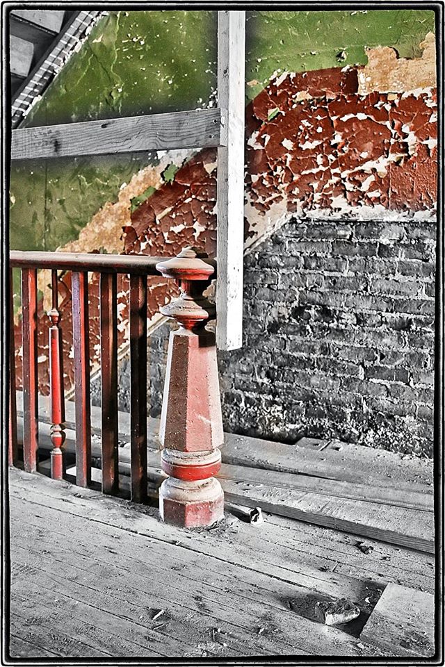 all original post-fire chicago c. 1876 painted red solid walnut wood turned and tapered commercial building interior staircase newel post