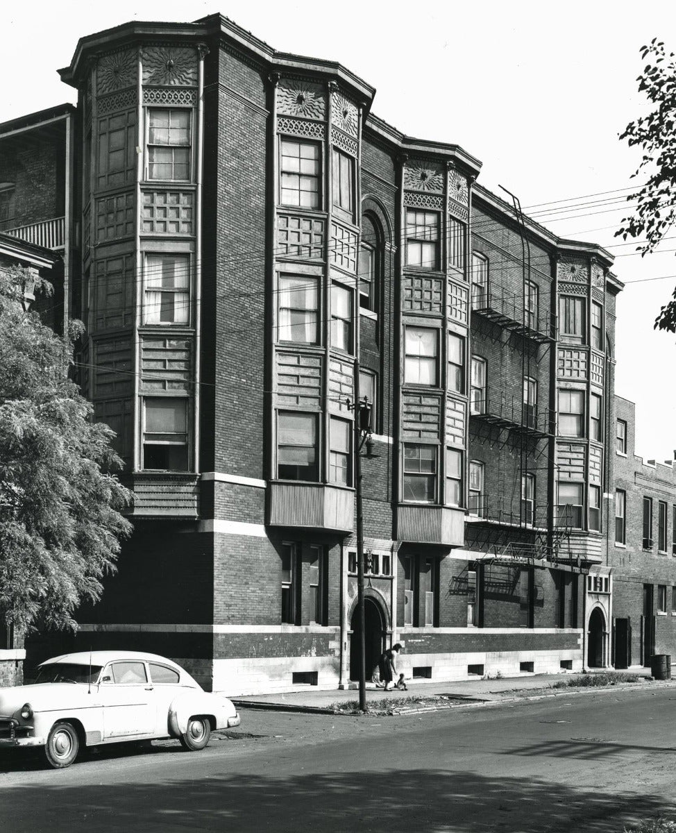 historically important adler and sullivan loeb apartment building quarter-sawn oak wood staircase newel post likely detailed by frank lloyd wright