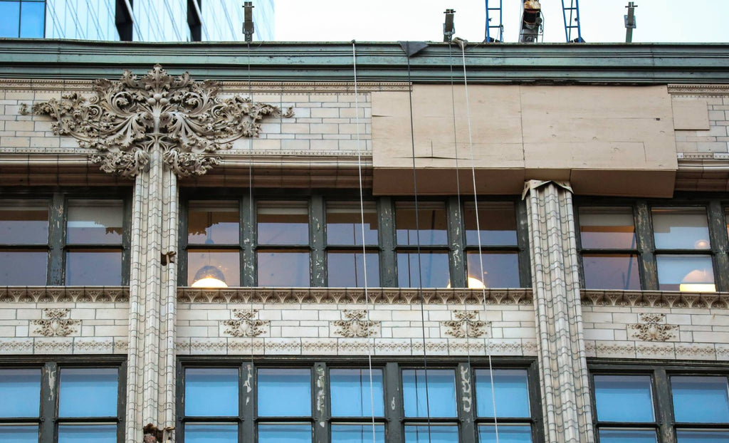 original 1899 three-piece speckled glaze terra cotta column assembly salvaged from louis h. sullivan's gage building
