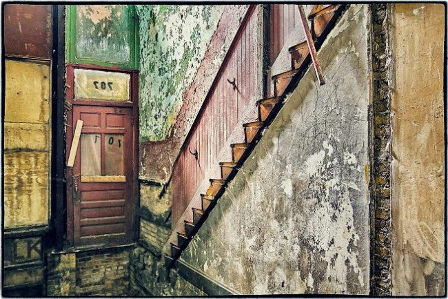 largely intact c. 1870's post-fire chicago interior painted green solid walnut wood commercial building railing with hexagonal-shaped spindle or "sticks"
