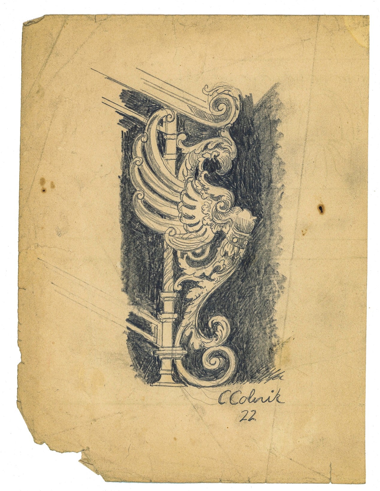 original graphite on paper signed 1922 cyril colnik sketch of staircase newel post