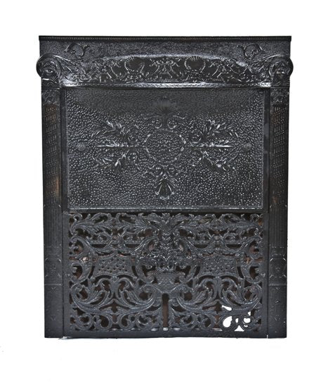 largely intact c. 1890's antique american victorian era ornamental cast iron interior residential fireplace gas insert with detachable summer cover