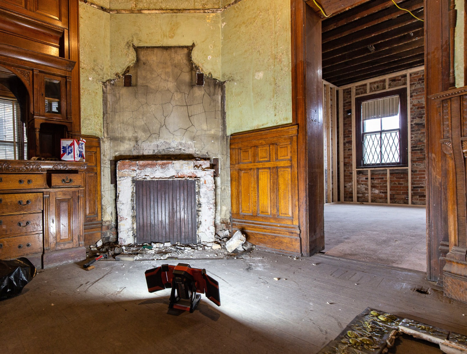 all original and amazingly intact late 1880's deeply embossed fruit and vine green majolica glazed fireplace mantel tile surround
