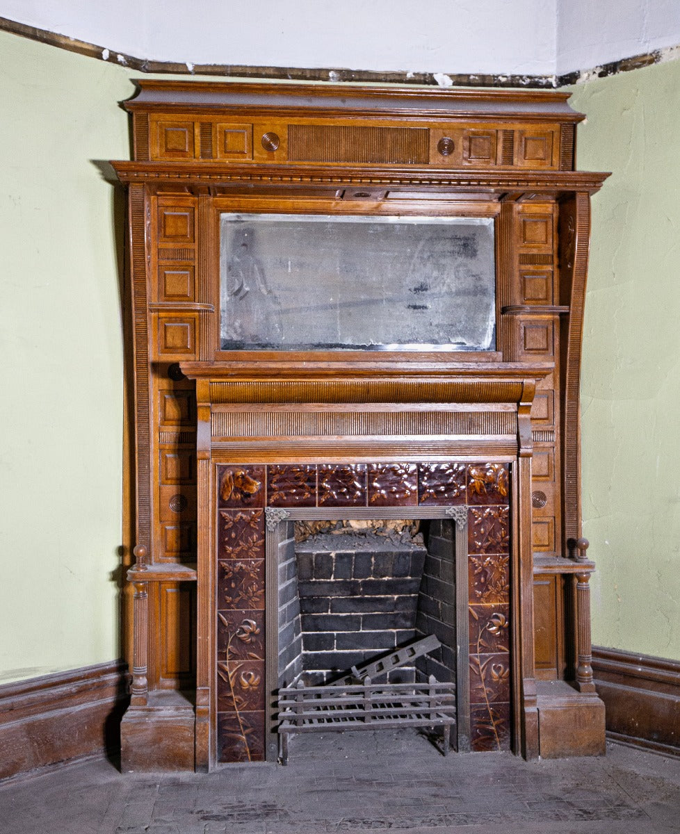 exceptionally rare original 19th century richly colored salvaged chicago "hunting scene" majolica fireplace tile surround