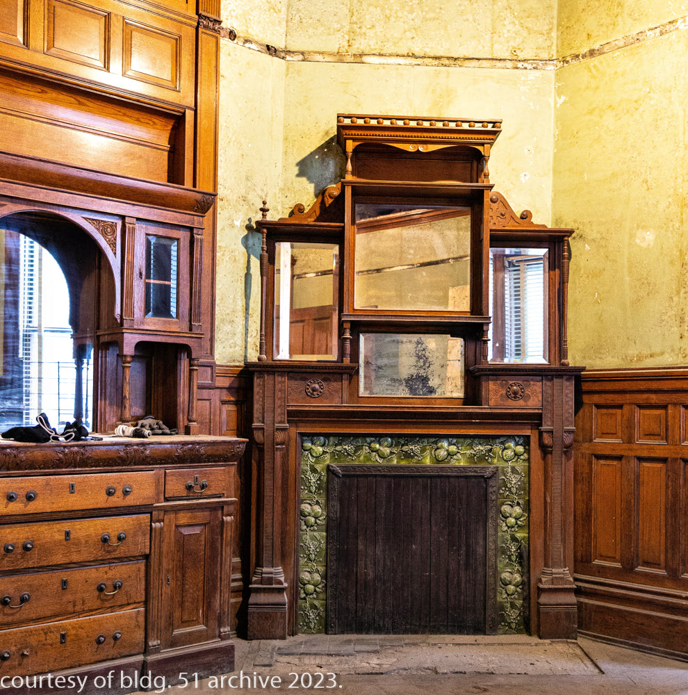 exceptional oversized all original edbrooke and burnham-designed 1880s salvaged chicago oak fireplace mantel with beveled mirrors and drawers