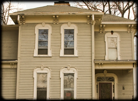 3 matching 1870's american italianate white painted pine wood exterior residential window keystones