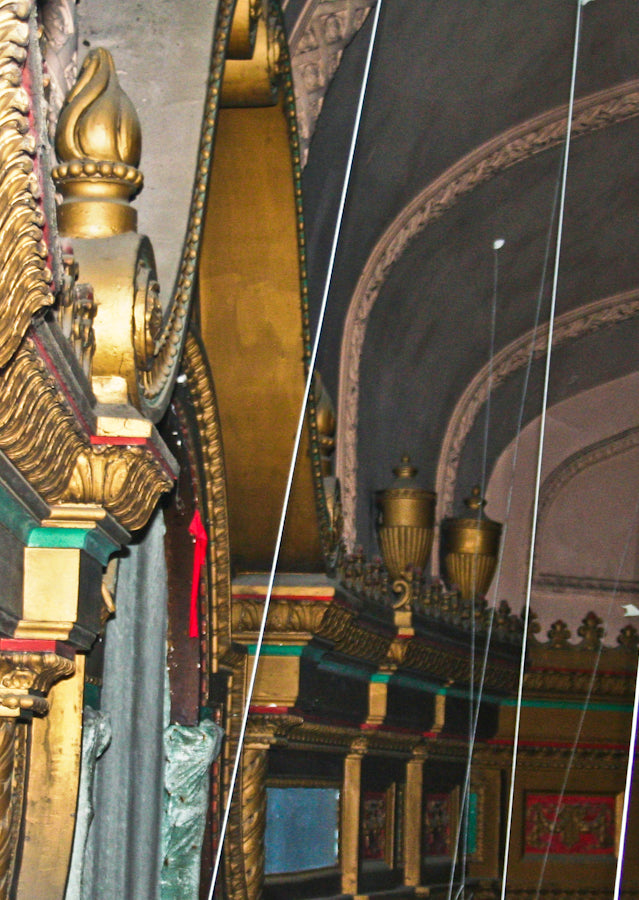 original late 1920's antique american ornamental cast plaster interior lawndale theater auditorium gold enameled flame finial with beaded border above pedestal base