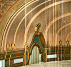 original late 1920's antique american ornamental cast plaster interior lawndale theater auditorium gold enameled flame finial with beaded border above pedestal base