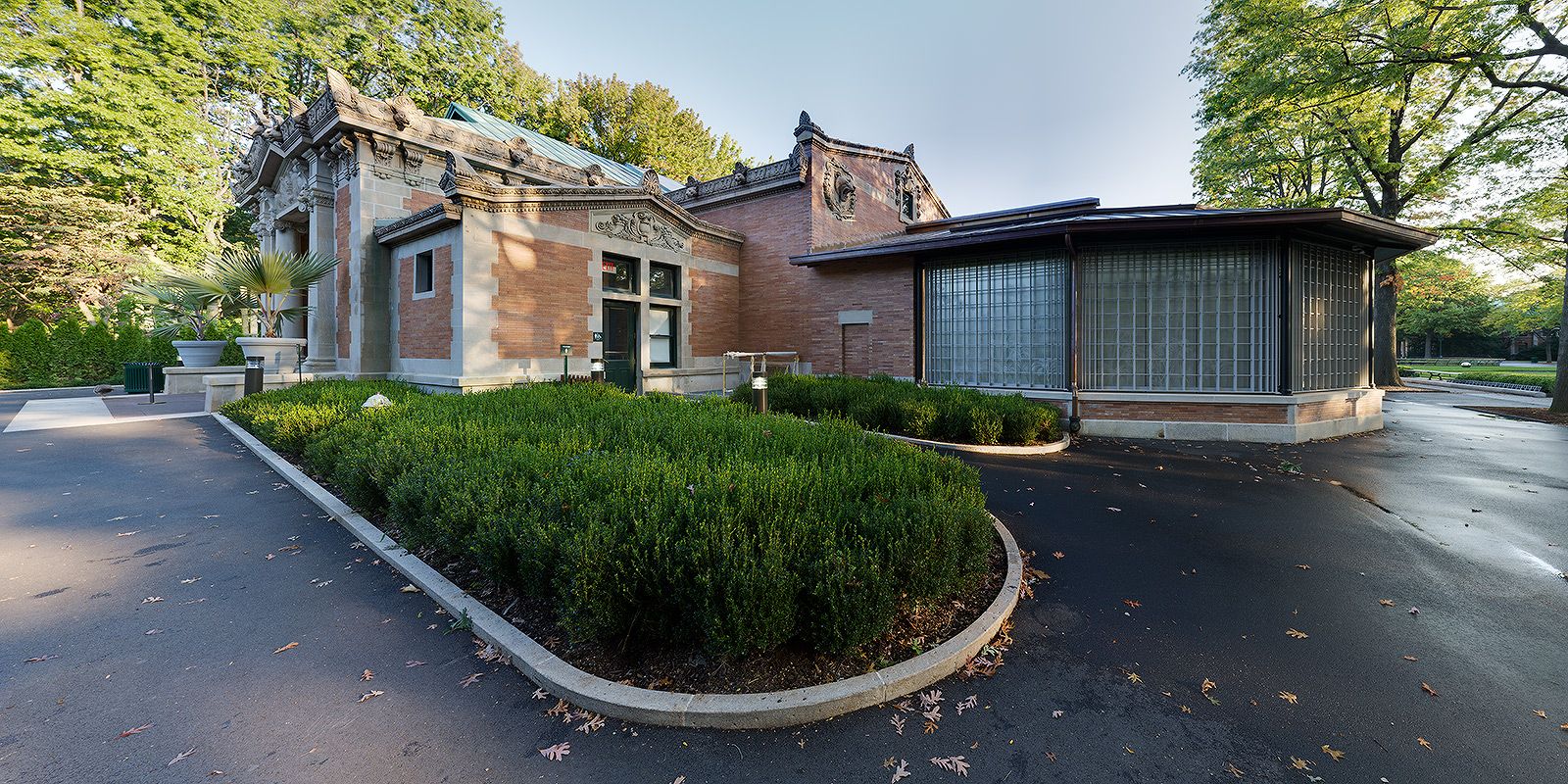 faithfully reproduced buff-colored oversized ornamental terra cotta lion panel replicated during restoration of the beaux-arts bronx zoo lion house