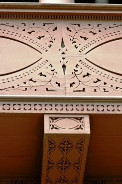 original c. 1890's james charnley exterior painted fret-sawn pine wood single-sided fragment salvaged from the restored front facade projecting wood balcony