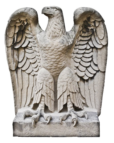 truly remarkable oversized historically-important bunte candy factory administration office tower hand carved c. 1919 spread-winged solid limestone exterior facade eagle