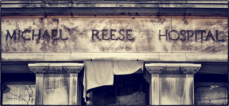 historically-important recovered oversized solid indiana limestone exterior michael reese "old main" hospital deeply incised letter facade name plaque fragment