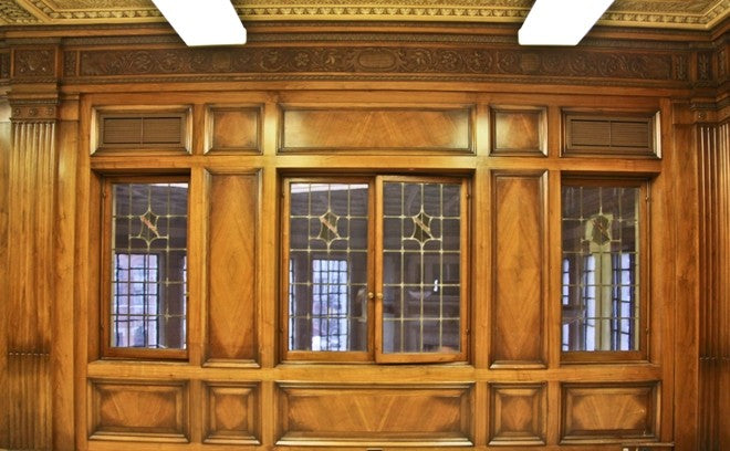 original c. 1920's interior noel bank building mezzanine casement art glass window with intact varnished walnut wood sash frame