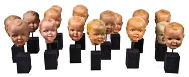 original lightly distressed vintage american industrial "sweetheart" soap mechanical advertising display baby doll head with glass eyes