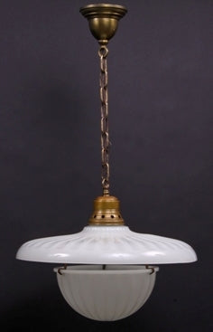hard to find and highly desirable early 20th century opalescent glass fully functional "phenixlite" industrial factory pendant light with original hanging diffuser