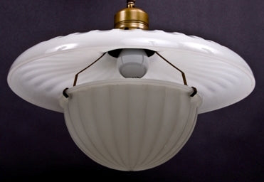 hard to find and highly desirable early 20th century opalescent glass fully functional "phenixlite" industrial factory pendant light with original hanging diffuser