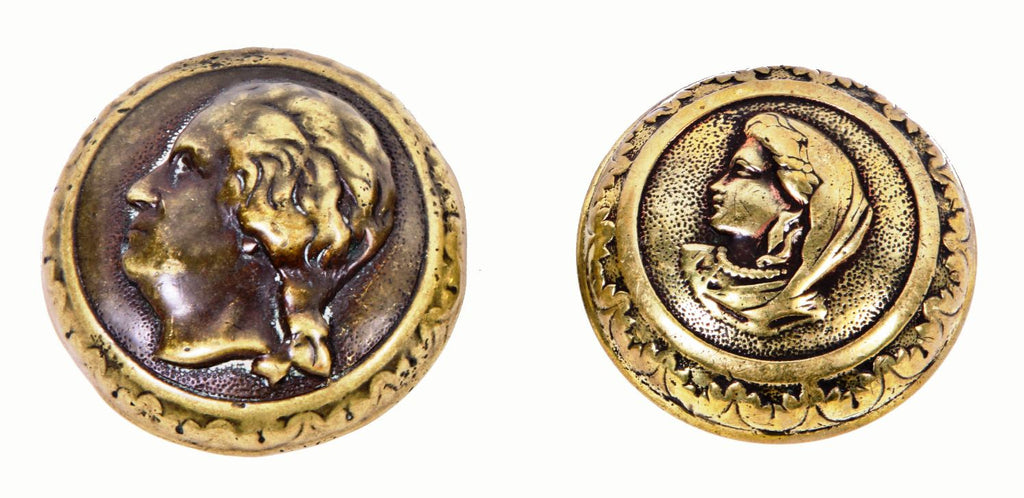 c. 1870's antique american "george" and "martha" ornamental cast brass philadelphia rowhouse entrance door figural doorknobs with footed shanks