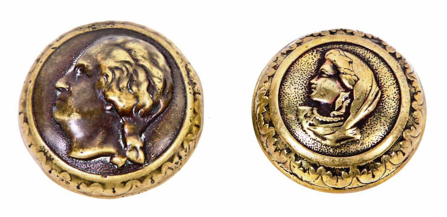 c. 1870's antique american "george" and "martha" ornamental cast brass philadelphia rowhouse entrance door figural doorknobs with footed shanks