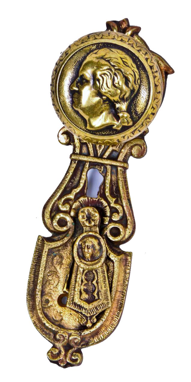 hard to find and highly collectible original 19th century completely intact ornamental cast brass "george" figural doorknob with matching entrance door backplate with swinging keyhole cover