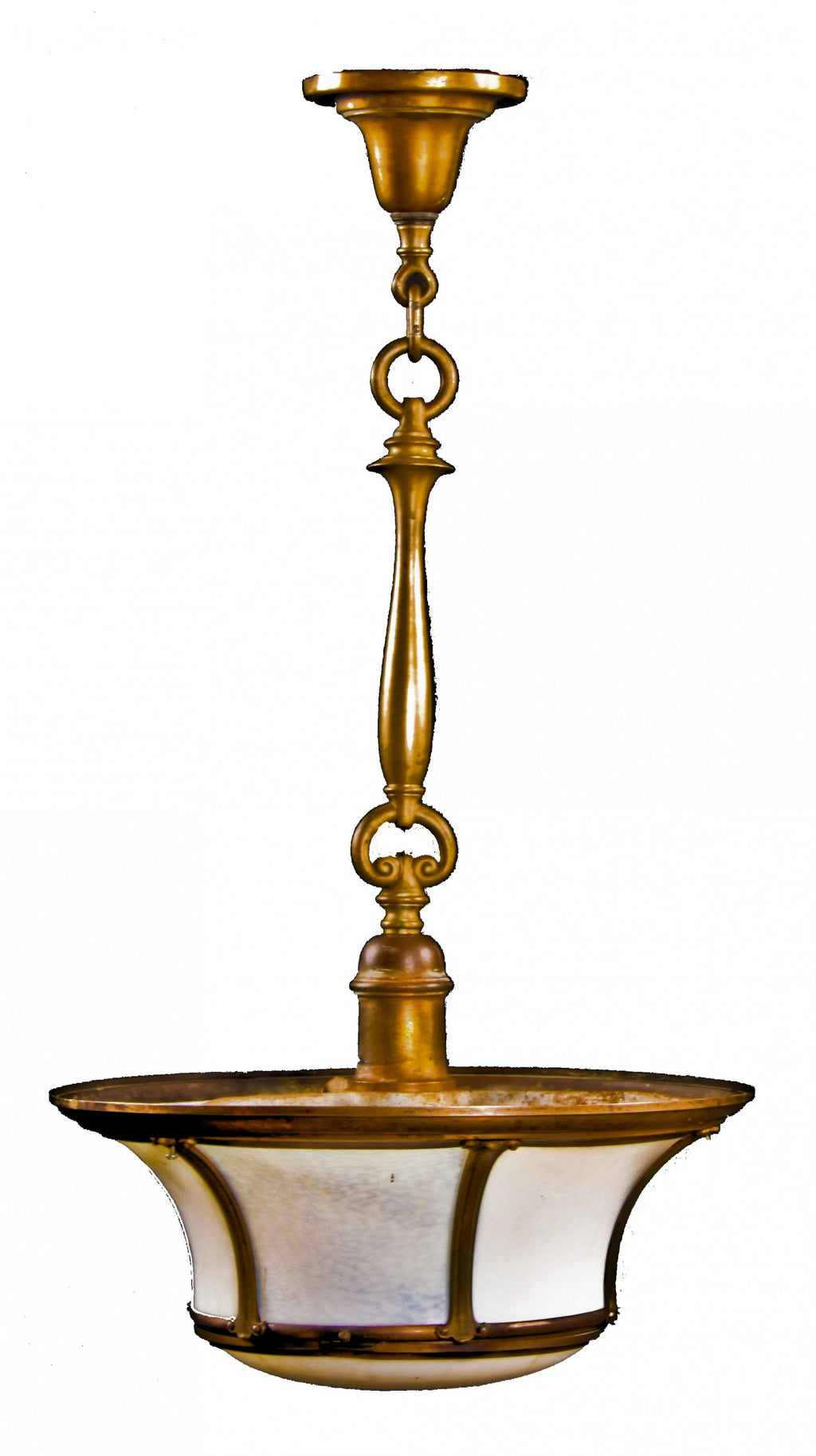historically important museum quality early 20th century antique american chicago union train station bronze pendant light with white opalescent bent glass panels