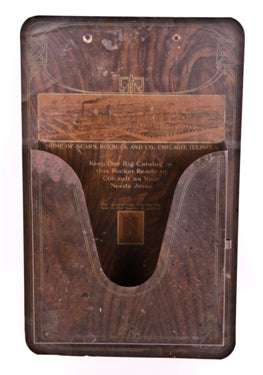 original and intact highly desirable early 20th century sears, roebuck & co. lithographed tin wall mount catalog pocket or holder