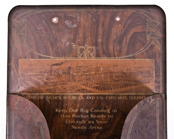 original and intact highly desirable early 20th century sears, roebuck & co. lithographed tin wall mount catalog pocket or holder