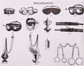 largely intact early 20th century antique american oddfellows fraternal organization velvet-lined "hoodwinks" with elastic head strap and steel "blinders"