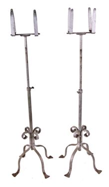 unique pair of matching c. 1920's ornamental wrought iron adjustable plant stands